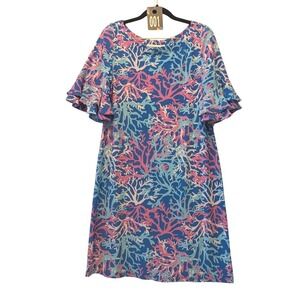 Pappagallo Blue Pink Coral Reef Print Ruffle Bell Sleeve Shift Dress Womens S